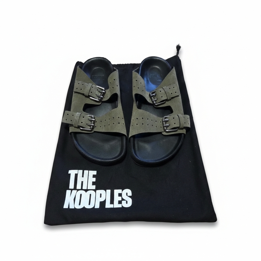 The Kooples Khaki Double Buckle Sandals Slide One Classic Comfort EUC